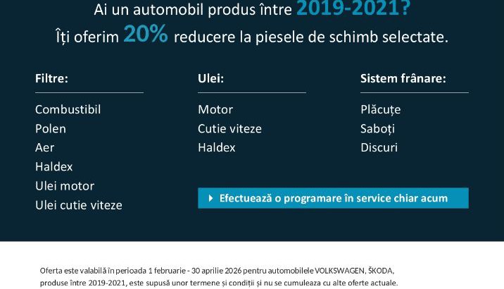 Stiai ca la ENDURO, daca ai un autoturism VW produs intre 2019-2021 ai reducere 20% la piesele de schimb selectate?