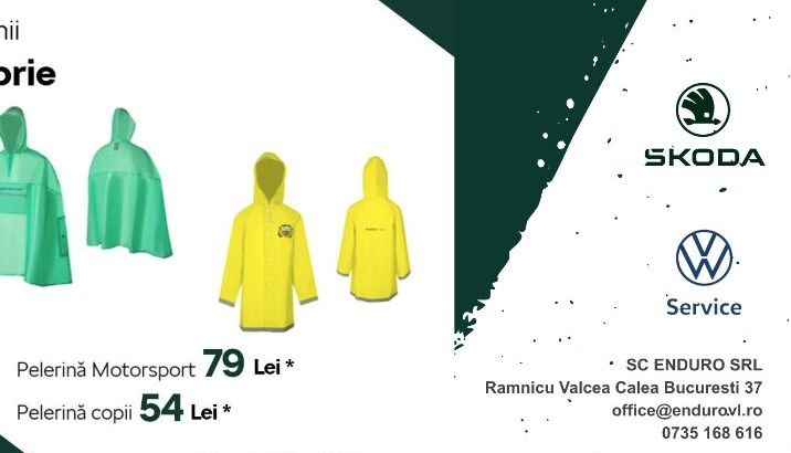 🌧️ PREGĂTEȘTE-TE PENTRU VREMEA CAPRICIOASĂ CU ŠKODA! 🌧️ La Enduro – Škoda Service Râmnicu Vâlcea, găsești acum pelerine originale Škoda, perfecte pentru orice aventură! 